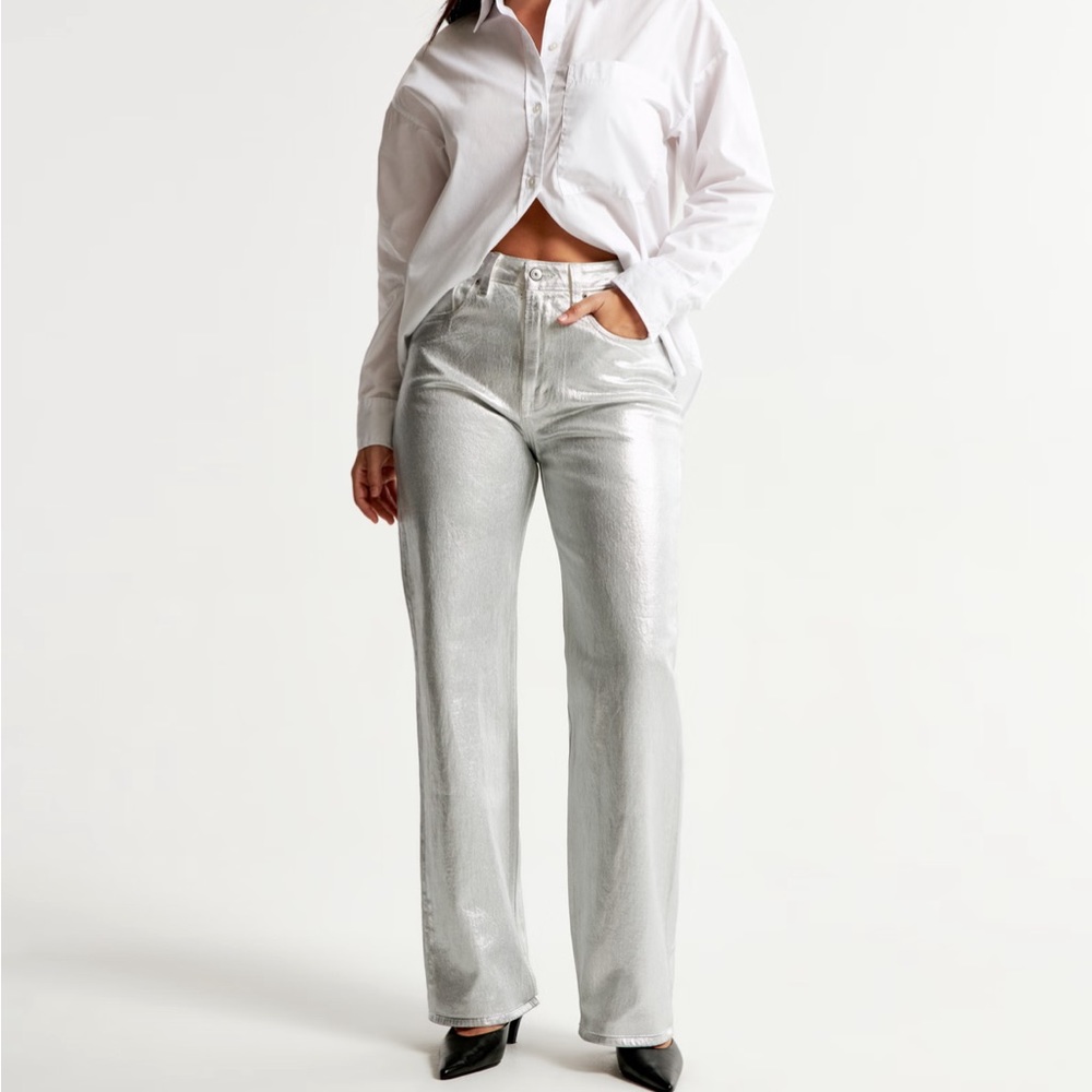 🔴90s relaxed straight jean silver metallic pants